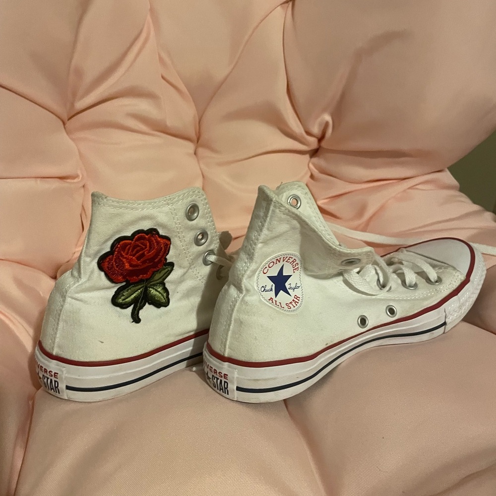 Converse Women's White Sneakers with Red Rose Detail